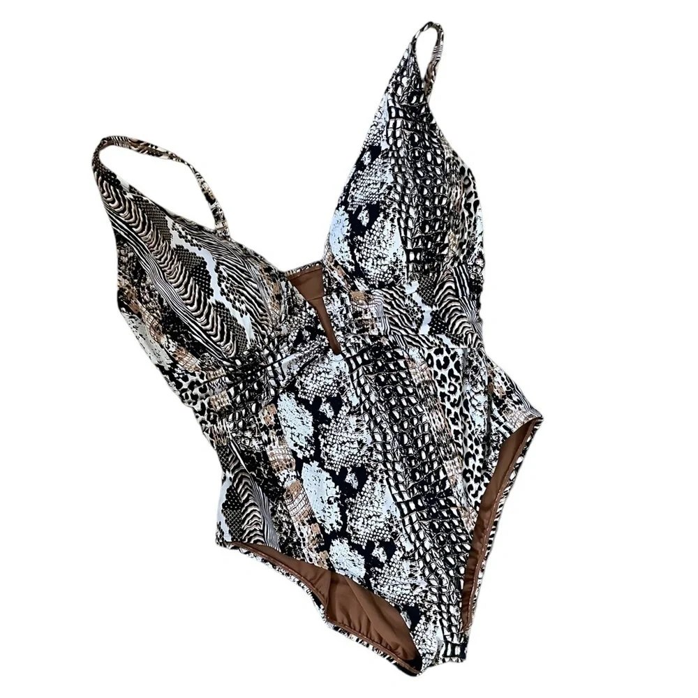 BLEU Rod Beattie Walk On The Wild Side One-Piece Plunge Halter Swimsuit Size 18W
